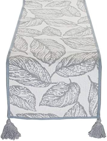 Fennco Styles Grey and White Leaf Woven Table Runner - 14 x 71 Inch Reversible Runner Table Centerpiece for Dining Home Decor, Indoor Parties, Holiday Events Tassel Table Runner