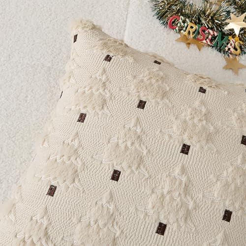 Kevin Textile Christmas Tree Pillow Covers 16x16 Inch Set of 2 Soft Plush Faux Fur with White Snow Embroidery Decoration Pillowcases for Couch Sofa Holiday Festivals Winter Xmas Gift, Beige