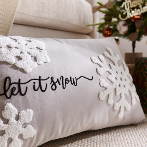 Gray Christmas Pillow Covers 12x20 Inch Embroidery Snowflake Xmas Decorative Lumbar Throw Pillow Cover Winter Holiday Pillow Case Cushion Cases for Sofa Couch Living Room Decorations Green