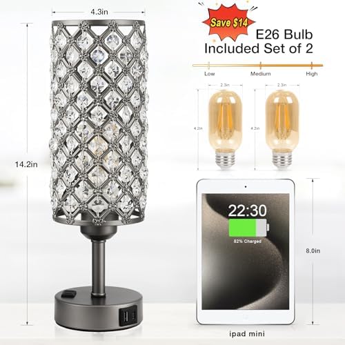 Hong-in Gray Crystal Lamp Touch Control Set of 2, Crystal Table Lamps with USB C+A Ports & AC Outlet, 3-Way Dimmable Nightstand Touch Lamp, Modern Bedside Table Lamp for Bedroom(Bulbs Included)