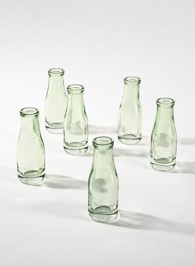 Serene Spaces Living Mini Green Glass Bud Vase, Centerpiece for Wedding Reception, Mini Flower Vases for Home Decor, Vintage Bottle Style Vase, 3.75" Tall & 1.25" Diameter - Pack of 6