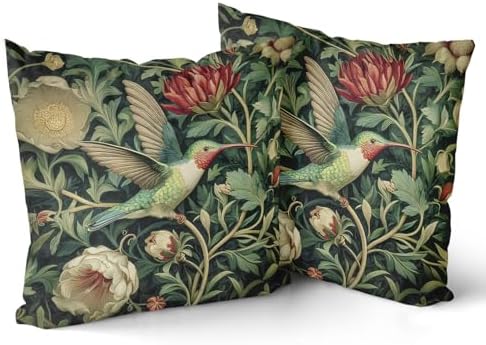 Giwawa Vintage Hummingbird Pillow Covers Set of 2, Rustic Green Bird Floral Pillow Cases 20x20in, Boho Flower Botanical Cotton Throw Cushion Covers for Sofa Couch Patio Seasonal Decoration