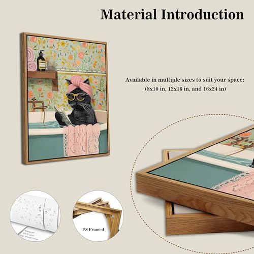 Floating Framed Bathroom Cat Canvas Wall Art, Funny Black Cat Reading Wall Decor, Cute Animal Prints Pictures Posters for Living Room Bedroom Toilet Kids Room Paintings 16x24 inch