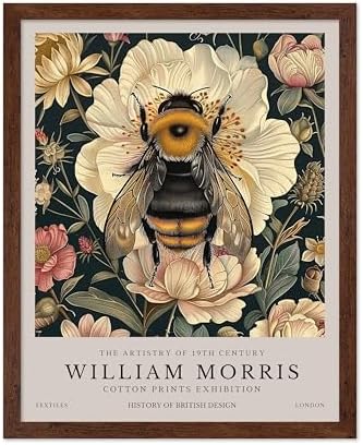 Poster Master William Morris Poster - Bumble Bee Print - Flower Art - Botanical Art - Exhibition Illustration - Animal Illustration - Floral Painting - Bee Artwork - Aesthetic Office or Bedroom Decor - 16x20 Brown Framed