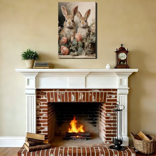 Rustic Bunny & Flowers Canvas Wall Art Framed Rabbit Canvas Prints Picture for Fireplac,Hallway, Farmhouse Spring Easter Wall Decor & Holiday Decoration for Bedroom Bathroom 8x12 In