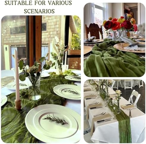 3 Pack 120 Inch Olive Green Cheesecloth Table Runner Boho Rustic Gauze Sheer Romantic 10 FT Long Cheese Cloth Table Runner for Bridal Baby Shower Wedding Party Birthday Holiday Home Easter Decor