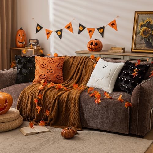 Orange Halloween Pumpkin Fall Throw Pillow Covers 20"x20" Set of 2 Soft Faux Fur Ghost Pillow Covers for Couch Sofa Bed, Cute Autumn Farmhouse Cushion Case for Holiday Home Living Room Decor