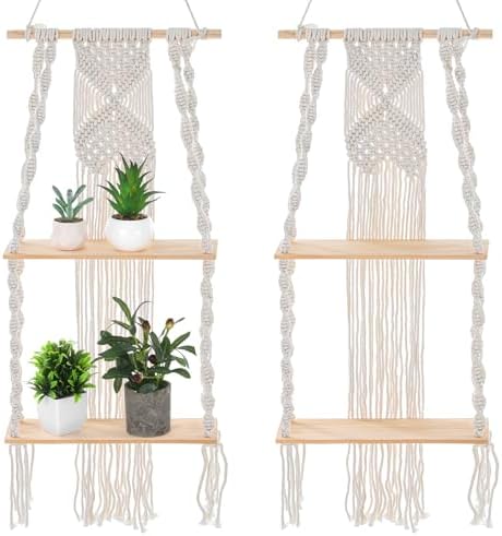 2 Packs Macrame Wall Hanging Shelf 2 Tier Handmade Boho Hanging Wall Shelf Floating Woven Rope Decorative Storage Racks Holder Organizer for Home Bedroom Bathroom Plants, Beige