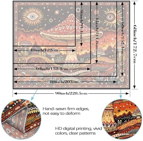 Neasow Hippie Mushroom Tapestry, Mystic Sun Moon Eye Wall Hanging, Aesthetic Boho Nature Orange Decor for Bedroom Dorm Living Room, 36x48 inches