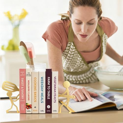 ENCIMART People Gold Bookends Decorative Metal Book Ends for Shelves