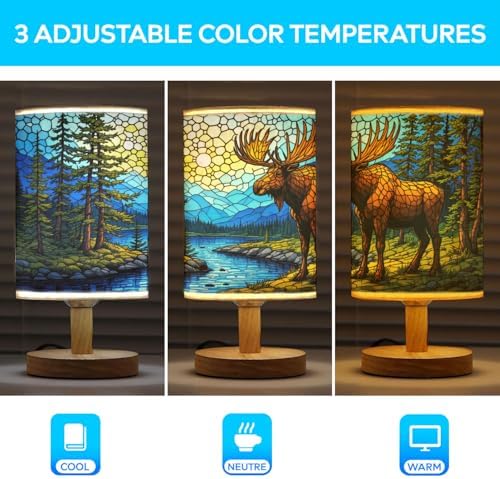Moose Table Lamp LED 3-Color Pressed Bedside, Moose Shade Lamp with Wood Base for Bedroom Living Room Desk Office TL01