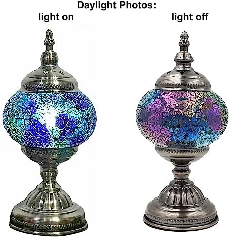 SILVERFEVER Handcrafted Mosaic Turkish Lamp Moroccan Glass Table Desk Bedside Light Bronze Base with E12 Bulb (Deep Blues)