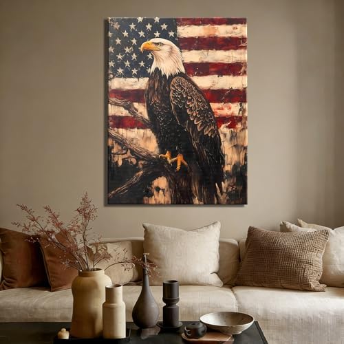 RIBNTAK Vintage Patriotic Bald Eagle for Independence Day Wall Art Decorations, 16x24 In, Aesthetic Posters for memorial day Canvas Print Decor, Rustic Artwork for Living Room, Bedroom, Office