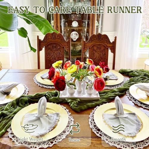 4 Pack 120 Inch Olive Green Cheesecloth Table Runner Boho Rustic Gauze Sheer Romantic 10 FT Long Cheese Cloth Table Runner for Bridal Baby Shower Wedding Party Birthday Holiday Home Easter Decor