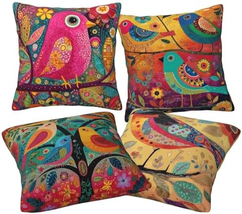 Colorful Bird Throw Pillow Covers Set of 4 Decorative Soft Double Sided Print Pillow Case Farmhouse Home Decor for Living Room Sofa Couch 18x18