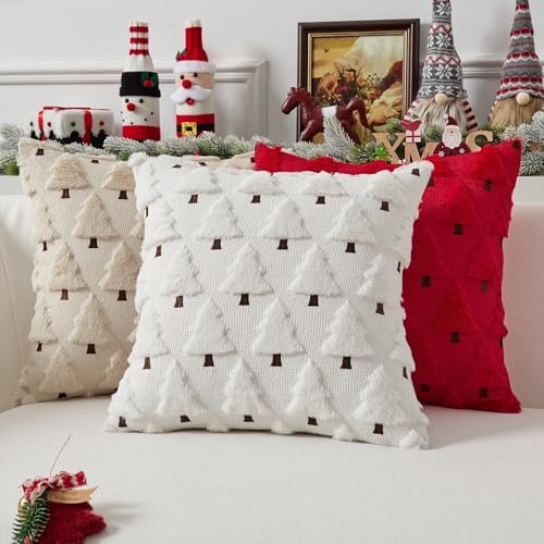 UGASA Christmas Decorative Pillow Covers 16x16 Inch Soft Plush Faux Fur Jacquard Throw Pillows Pillowcases for Couch Sofa Holiday Festivals Winter Home Decor Set of 2 Beige