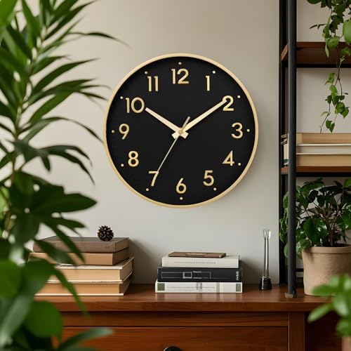 Mosewa Small 8 Inch Wall Clock Battery Operated Silent Non Ticking Analog | Black Gold modern clock; oversized 3D easy-read dial for kitchen, bedroom & office; 1 AA battery (not included)