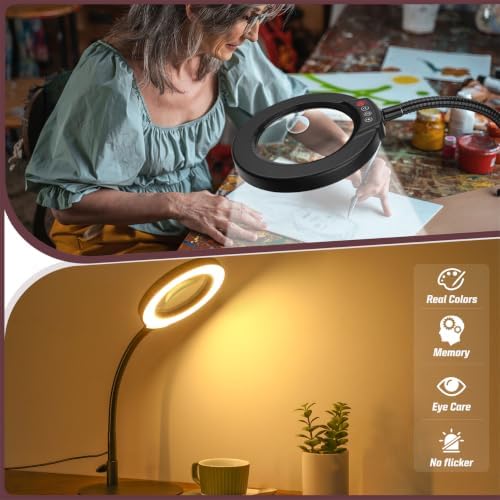 30X 10X Magnifying Glass with Light and Stand, 5 Color Modes Stepless Dimmable LED Lighted Desk Lamp, Hands Free Magnifier with Flexible Goose-Neck for Craft Hobby Painting Sewing Close Work - Black