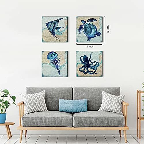 Boho Beach Bathroom Decor Navy Blue Fish Sea Turtle Jellyfish Octopus Canvas Wall Art Ocean Picture Nursery Kids Under the Sea Animal Painting for Living Room Bedroom Office Home Decorations 12x12" 4P