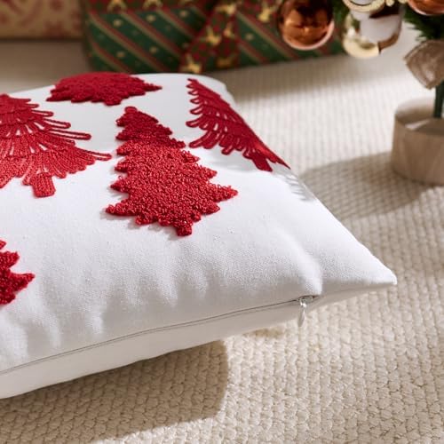 White Christmas Pillow Covers 12x20 Inch Embroidery Red Xmas Trees Decorative Lumbar Throw Pillow Cover Winter Holiday Pillow Case Cushion Cases for Sofa Couch Living Room Decorations