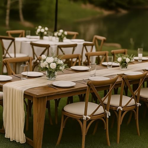 6 Pack Beige 10FT Cheesecloth Table Runner –120 Inch Soft Gauze Boho Table Runners for Baby Shower, Coastal Wedding, Modern Rustic Party Decor