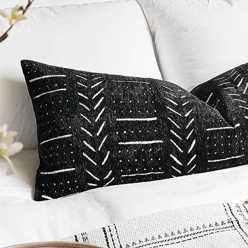 BLISSBLUSH Black Decorative Lumbar Pillow Cover 14X36, Boho Lumbar Throw Pillow For Bed, Long Decorative Pillow Case, Modern Accent Throw Pillow, 14 x 36 Textured Lumbar Pillow Decorative (COVER ONLY)