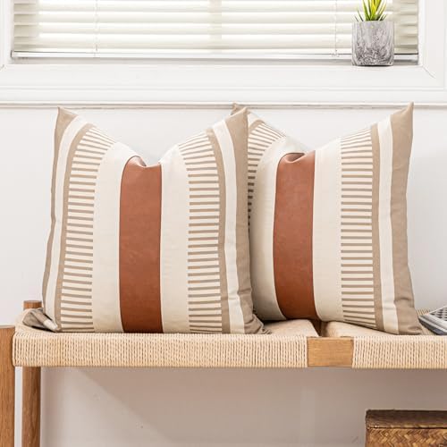 2 Pack 18x18 Inch Pillow Covers - Brown Faux Leather & Tan Stripe Print Soft Canvas Splicing, Same Pattern Both Sides | for Sofa Couch Bed Living Room, Farmhouse Industrial Minimalist Decor