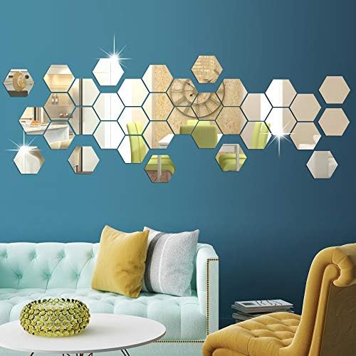 RW-103 36 PCS Acrylic Mirror Wall Stickers Hexagon Mirror Wall Decals DIY Removable 3D Geometric Hexagon Mirror Art Setting Wall Decor for Bedroom Living Room Office Kitchen Home Decoration (Silver)