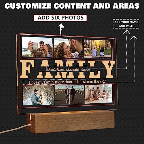 Personalized Photo Acrylic HAPPY FATHERS DAY Sign Plaque Gifts for Dad Papa Grandpa from Daughter Son Wife Customizable LED Night Light Wooden Base Lamps Desk Bedroom Decor Signs (LEDsign-Family-6