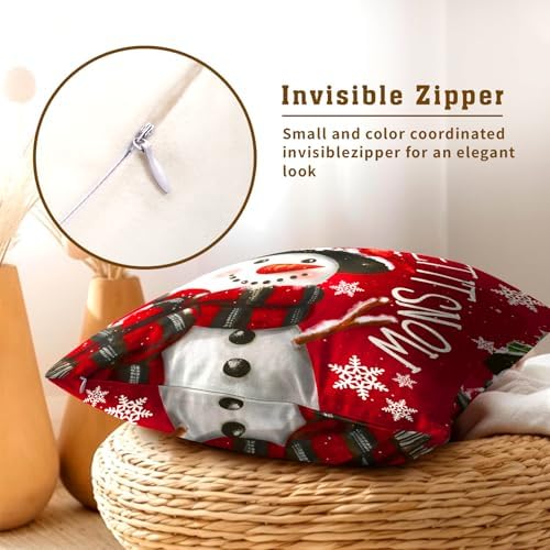 Xmas Pillow Covers 24x24 Inch 2 Packs Christma Snowman Snowflake Decorative Red Pillow Cases Winter Holiday Red Cotton Cushion Cover for Home Sofa Couch Decor