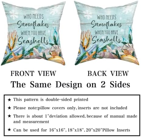Giwawa Coastal Christmas Pillow Covers Set of 2, Blue Nautical Seashell Xmas Winter Snowflakes Throw Pillow Cases 16x16 Inch, Double Sided Square Cushion Covers for Sofa Couch Bedding Decor