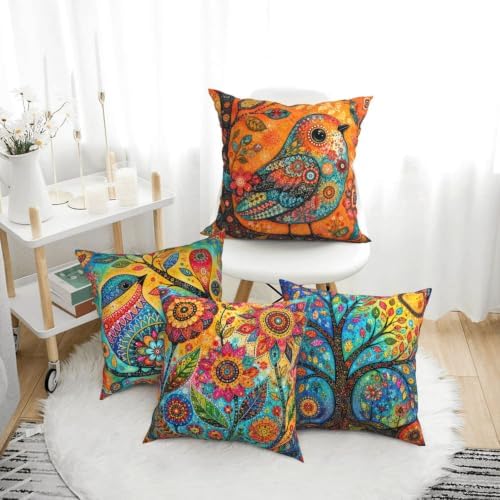 Bohemian Bird Throw Pillow Covers Set of 4 Decorative Soft Double Sided Print Pillow Case Farmhouse Home Decor for Living Room Sofa Couch 18x18