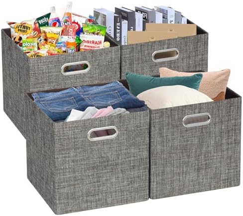 Posprica Storage Basket Bins,13×13 Foldable Storage Boxes Containers for Closet Organizer Shelf Cabinet Bookcase,Thick Fabric Drawer with Shimmer,4pcs,Brown