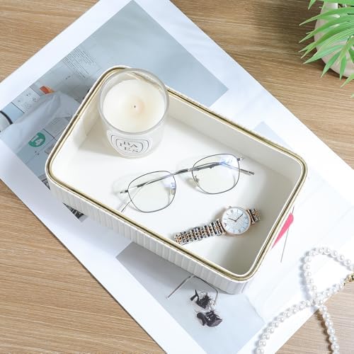 Desk Organizer Tray, PU Leather Nightstand Organizer, Ivory, Small