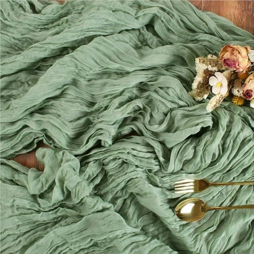 Sage Green Cheesecloth Table Runner 10FT Rustic Sheer Gauze Table Runners 120 Inch Boho Cheese Cloth Table Decorations for Wedding Bridal Spring Home Decor