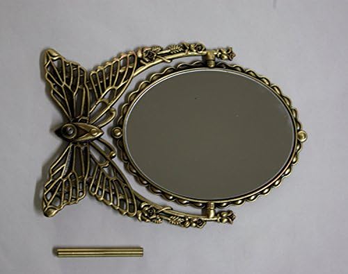 SEHAMANO Vintage Antique Butterfly Patterned Metal Frame Makeup Table Mirror, Decorative Oval Shaped Stand, Vanity Cosmetic Double Sided Rotatable Ellipse Mirror (Brass (Matt Gold), Large)