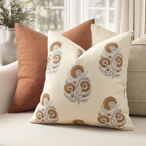 Vintage Floral Print Fall Pillow Covers 22x22 Set of 2 Patterned Accent Decorative Cushion Covers Modern Farmhouse Throw Pillow Covers for Sofa Couch Chair Bed Living Room Home Decor, Cognac Brown