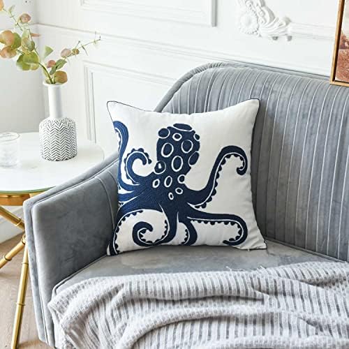 Embroidered Nautical Decor Pillow Cover,Square 18 Inches Decorative Canvas Pillow Cover for Nautical Style Deco by (Navy-Octopus)
