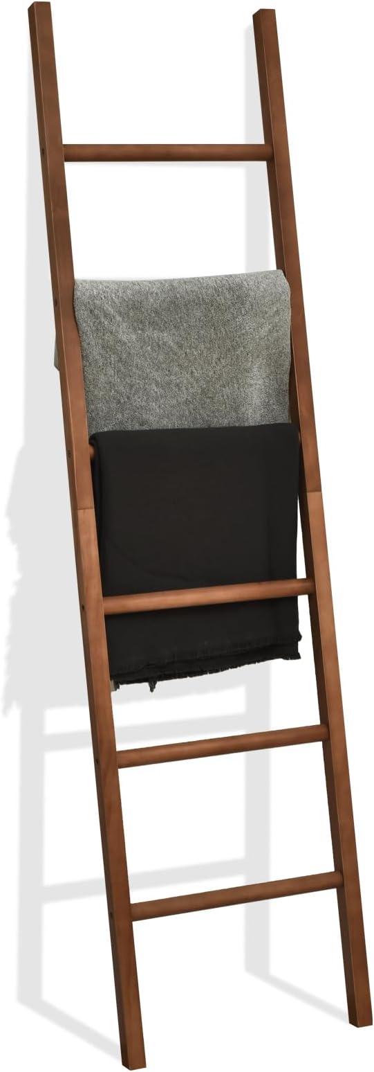FUIN Blanket Ladder, 6ft Rustic Solid Wood Rectangle Decor Rack, Brown | 6 rungs, farmhouse quilt display holder, organize towel and clothing, leaning wall, decorative living room and bathroom
