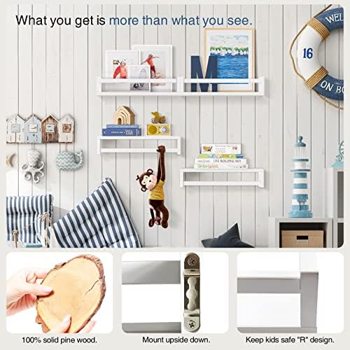 Forbena Floating Nursery Book Shelves for Wall Set of 4, Wall Bookshelf for Kids Room, White Wood Hanging Bookshelves Book Shelf for Baby Toddler Childrens Boy Girl Bedoom Toy and Decor Storage