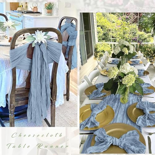25 Pack Dusty Blue Cheesecloth Table Runner 17 x 108 Inch Gauze Table Runner Fabric Semi Sheer Cheese Cloth Table Runner Bulk for Rustic Romantic Wedding Baby Shower Table Decoration