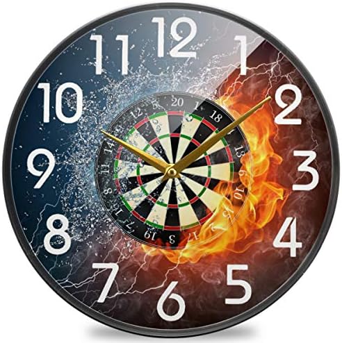 Naanle Darts Board in Fire and Water Round Wall Clock, 9.5 Inch Silent Battery Operated Quartz Analog Quiet Desk Clock for Home,Office,School