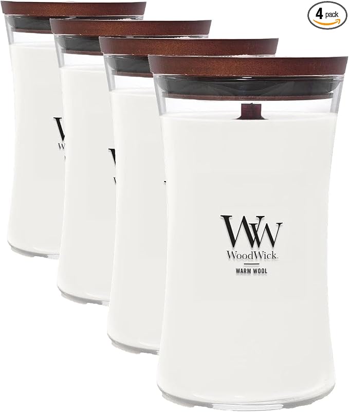 WoodWick Warm Wool Scented Hourglass Candle Large 21.5 oz with Crackling Pluswick Innovation Up to 130 Hours of Smooth Soy-Paraffin Blend Burn Time (Pack of 4)