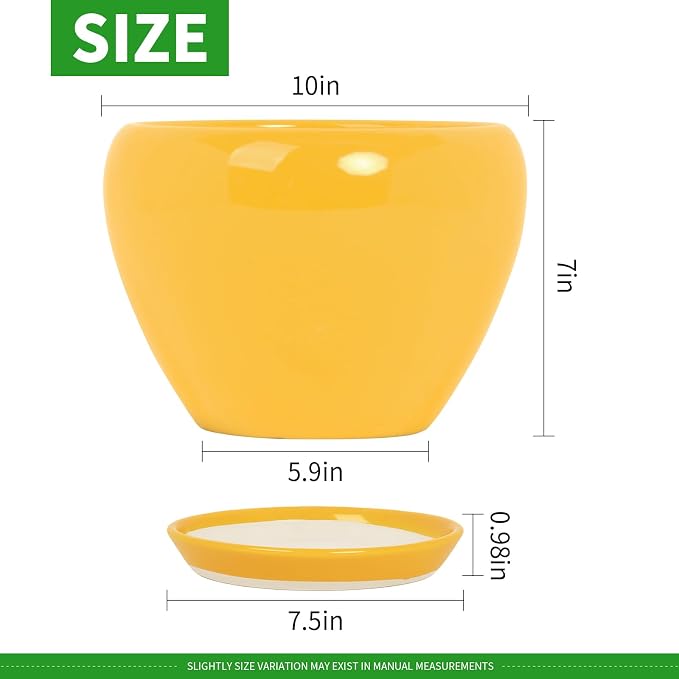 Deep Dream 10 Inch Plant Pot- Ceramic Planter Pot Round Plant Pots for Indoor Plants Outdoor Large Flower Pot with Drainage Holes & Trays, Yellow
