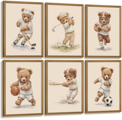 Nursery Teddy Bear Wall Decor Boy Room Wall Art Baby Canvas Prints Vintage Sports Decor Pictures Teddy Bear Poster Nursery Painting for Playroom Bedroom 8x10 Inch Framed Set of 6