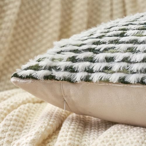 Aeckself Boho Chenille Tufted Pillow Cover 20 x 20 Inch, Decorative Square Throw Pillow Cover Neutral Pillowcase for Couch Bedroom Living Room, Green White