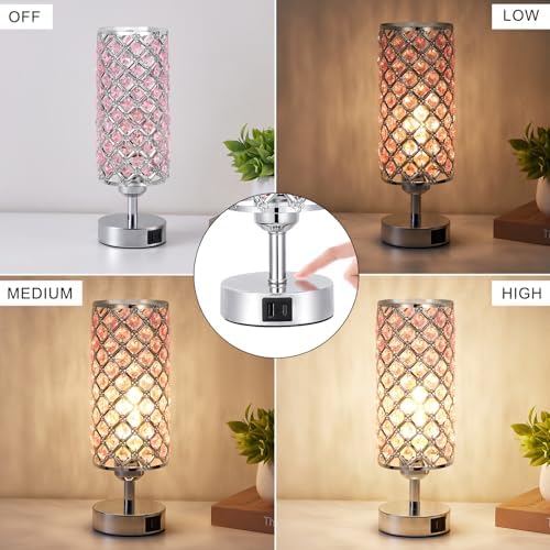 Hong-in Pink Crystal Touch Lamp with USB C+A, 3-Way Dimmable Bedside Lamp
