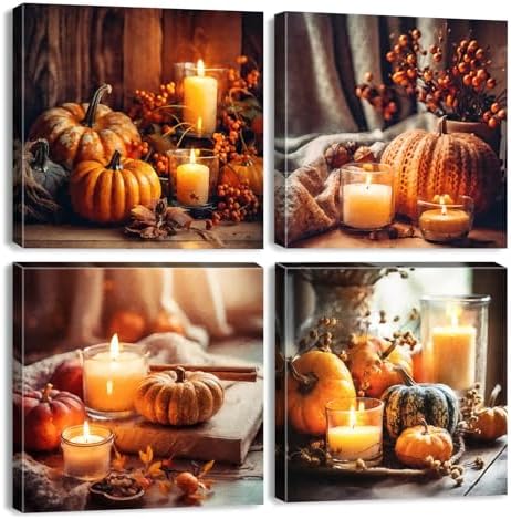 Fall Wall Decor Pumpkin Wall Art for Kitchen Dining Room Halloween Decorations Rustic Farmhouse Candle Canvas Prints Pictures Autumn Harvest Theme Poster Festival Party Home Decorations 16x16" 4Pcs