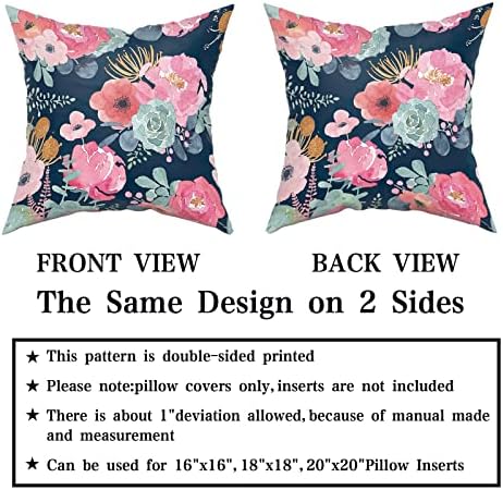 Watercolor Flower Throw Pillow Cover 22x22 Inch Pink Peony Floral with Green Leaf Decorative Pillow Cases Summer Navy Blue Cushion Cover for Home Bedroom Outdoor Garden Decor