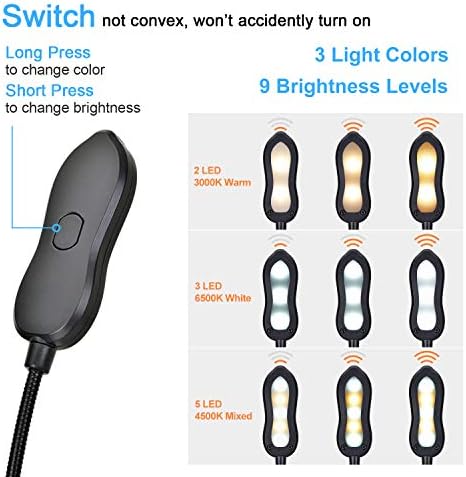 2 Pack Rechargeable Book Light, LED Reading Light 3 Color 3 Brightness with Clip, Up to 60 Hours Eye Care Reading, Warm & White Light, Perfect for Reading in Bed &Travel